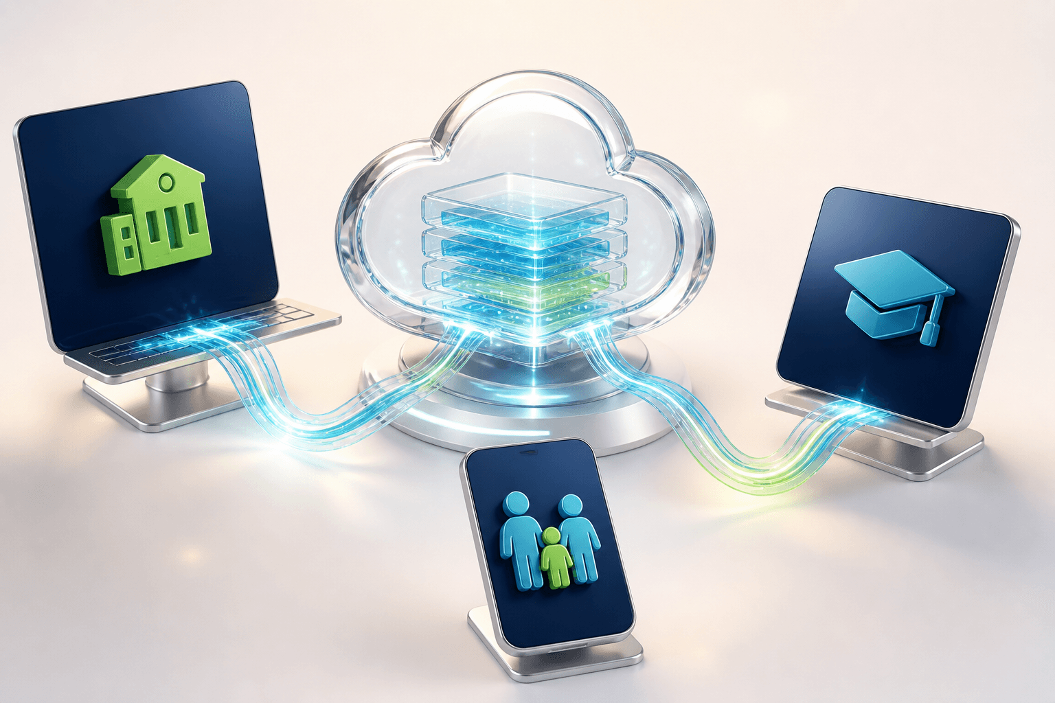 Center, teacher, and parent devices connected to one shared cloud record